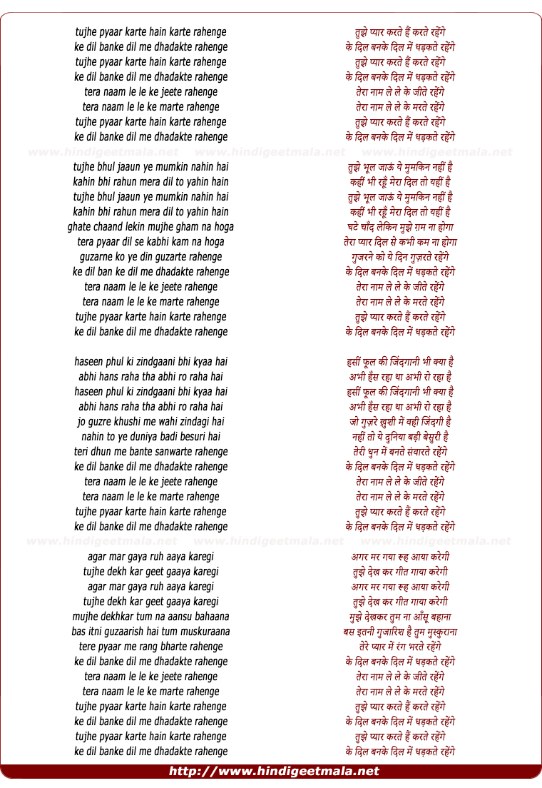 lyrics of song Tujhe Pyar Karte Hain Karte Rahenge