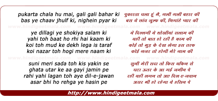 lyrics of song Pukarta Chala Hoon Main Gali Gali Bahaar