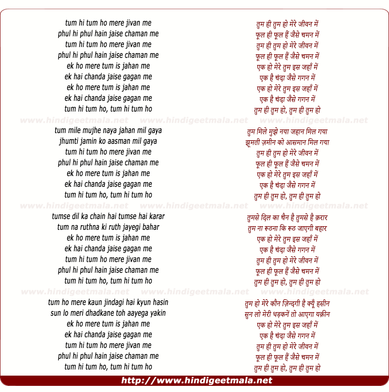 lyrics of song Tum Hee Tum Ho Mere Jivan Me