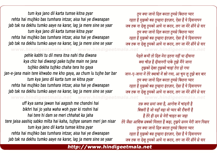 lyrics of song Tum Kya Jano Dil Karta Tumse Kitna Pyar