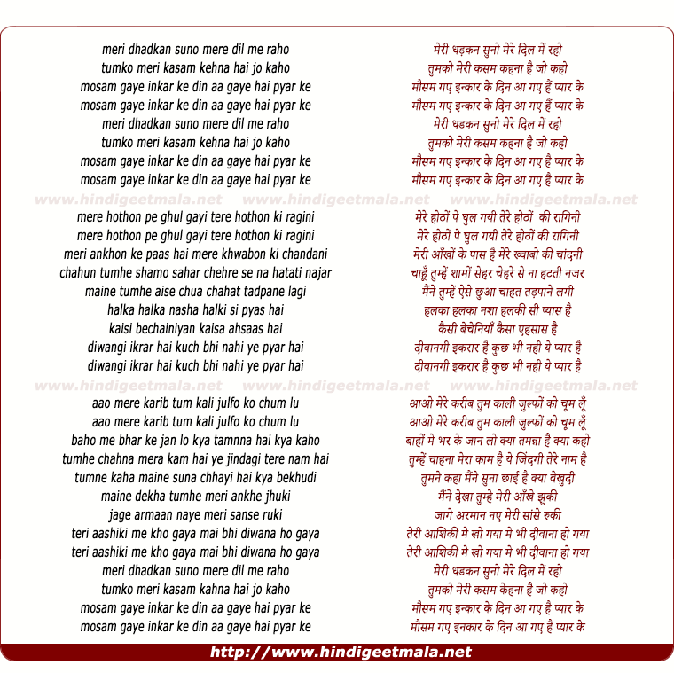 lyrics of song Meri Dhadkan Suno Mere Dil Mein Raho