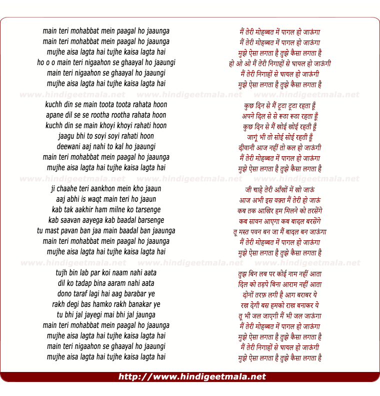 lyrics of song Main Teri Mohabbat Mein Pagal Ho Jaunga
