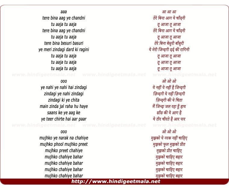 lyrics of song Tere Bina Aag Ye Chandni