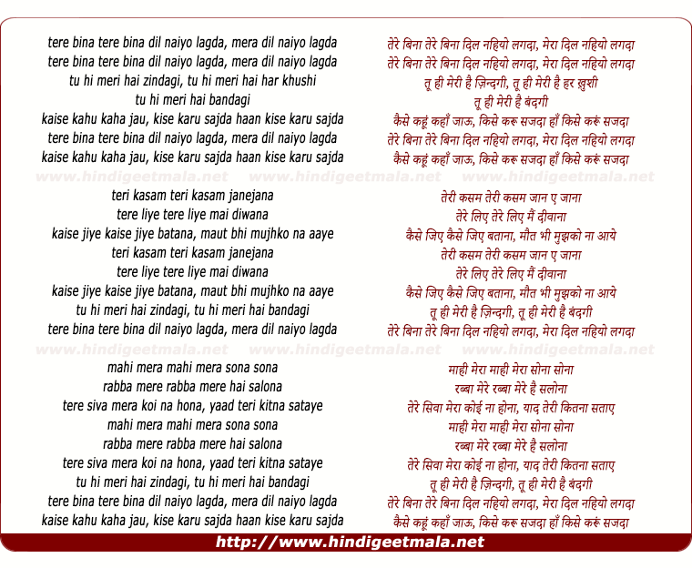 lyrics of song Tere Bina, Tere Bina Dil Naiyyo Lagda