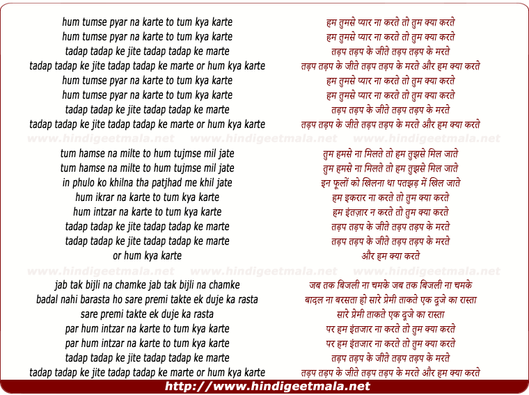 lyrics of song Hum Tumse Pyar Na Karte To Tum Kya Karte