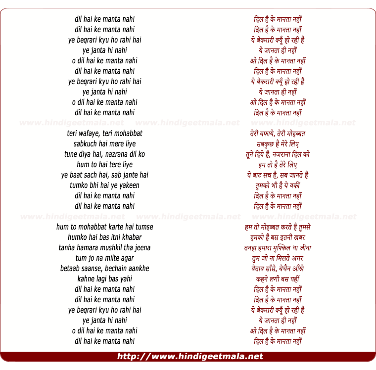lyrics of song Dil Hai Ke Manta Nahi (Solo)