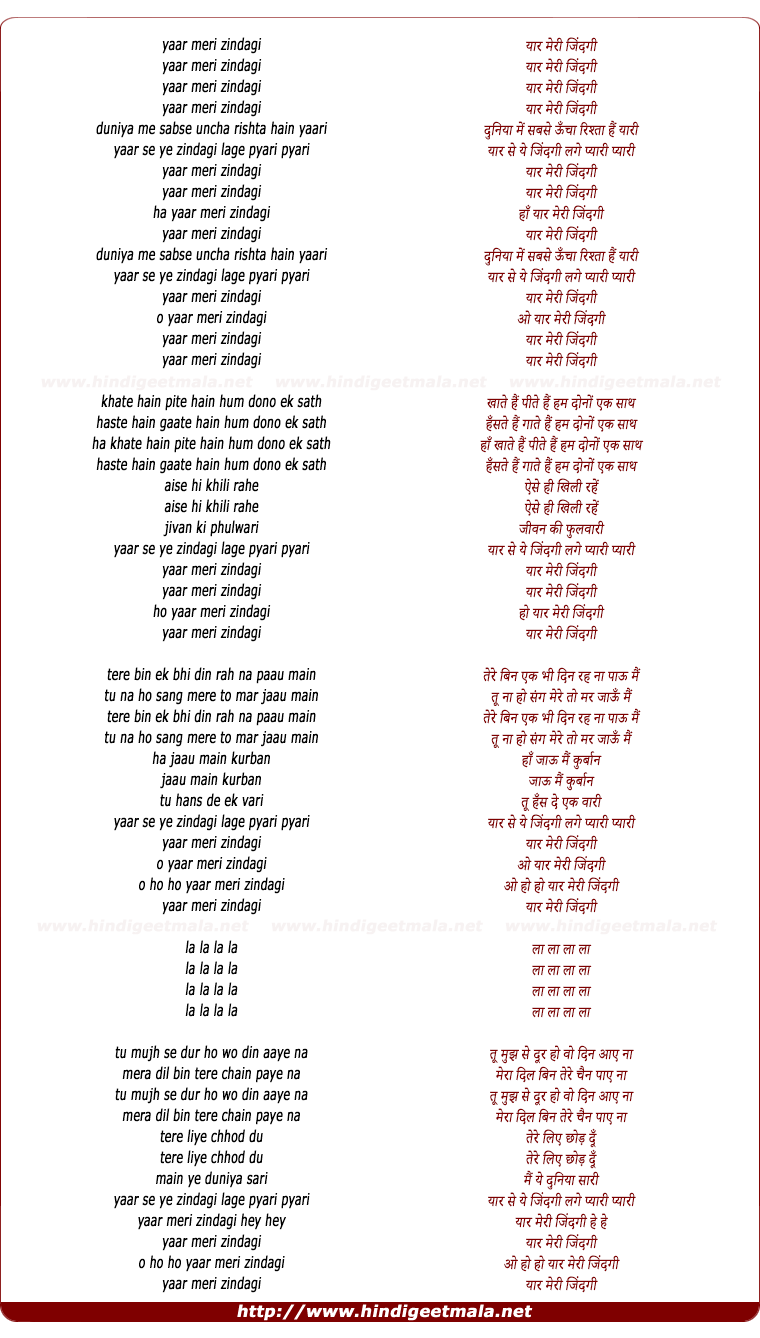 lyrics of song Yaar Meri Zindigi