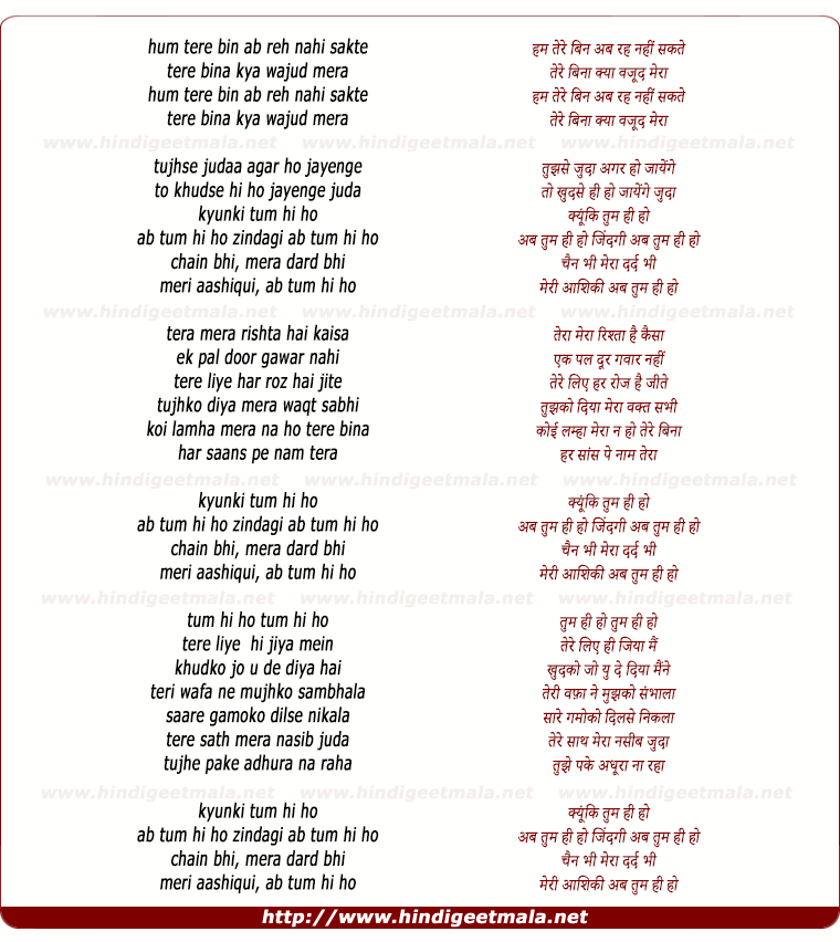 lyrics of song Ab Tum Hi Ho (Ham Tere Bin Ab Rah Nahi Sakte)